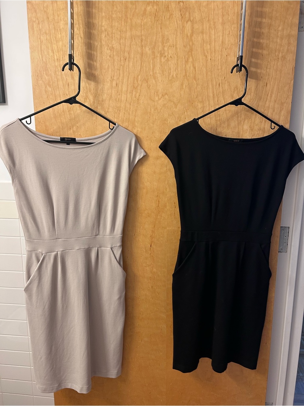Quince ultra-stretch ponte Cap-Sleeve Dress - Black and Light Taupe